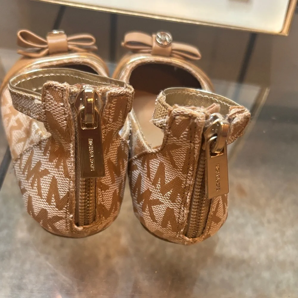 Michael Kors Gold and Tan Bow Accent Flats